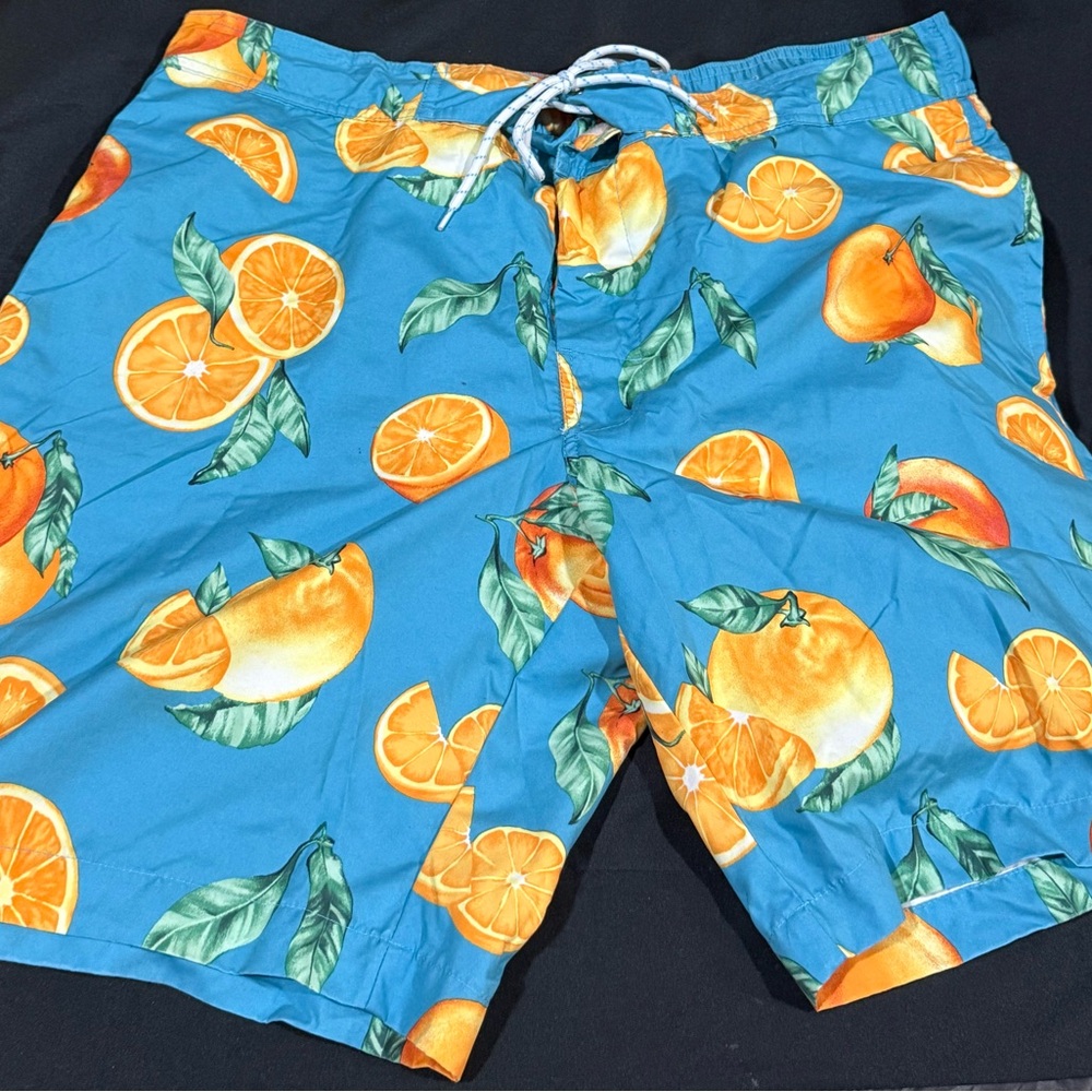 St John’s Bay: Blue and Orange Fruit Print Men's Swim Shorts